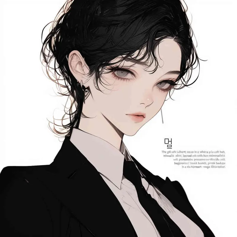 中性板寸超短头发禁欲系女孩，身穿白色棉麻禁欲系衬衫，外搭黑色西装，全身形象，纯白色背景，韩漫立绘风格 - style3部分