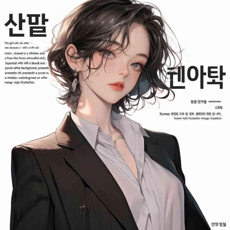 中性板寸超短头发禁欲系女孩，身穿白色棉麻禁欲系衬衫，外搭黑色西装，全身形象，纯白色背景，韩漫立绘风格 - style4部分