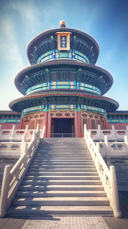 Famous architectural complex in Beijing, illustrated in a distant 8K view. Waist Shot(WS),Natural light,Upview  - style2部分