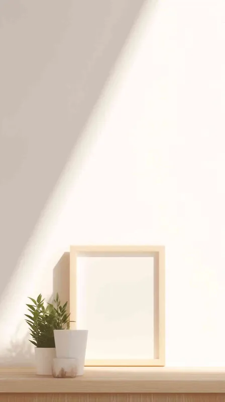 A delicate vertical rectangular photo frame rests on a wooden shelf, contrasting with a backdrop of a flawless white wall illuminated by a stream of sunlight. The image presents a balanced and elegant arrangement, with the plant flawlessly positioned at the center of the frame. - style4部分