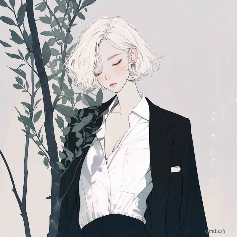 <https://s.mj.run/3gYnhk9CazY> “The girl with ultra-short neutral pixie cut hair, dressed in a white cotton and linen minimalist shirt, layered with a black suit, presents a pure white background, in a Korean-style manga illustration.” –ar 1:1 –niji 6 (relax) – style2部分” class=”wp-image”/>
</figure>


<figure class=