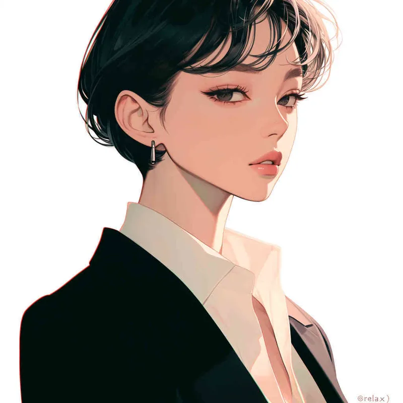 <https://s.mj.run/3gYnhk9CazY> “The girl with ultra-short neutral pixie cut hair, dressed in a white cotton and linen minimalist shirt, layered with a black suit, presents a pure white background, in a Korean-style manga illustration.” –ar 1:1 –niji 6 (relax) – style3部分” class=”wp-image”/>
</figure>


<figure class=
