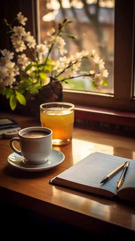 A book is placed on the desk, with a teacup, tablet, notebook, pen, photo style, and natural light next to it, - style2部分