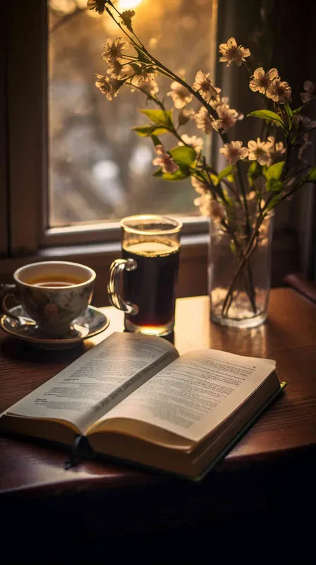 A book is placed on the desk, with a teacup, tablet, notebook, pen, photo style, and natural light next to it, - style3部分