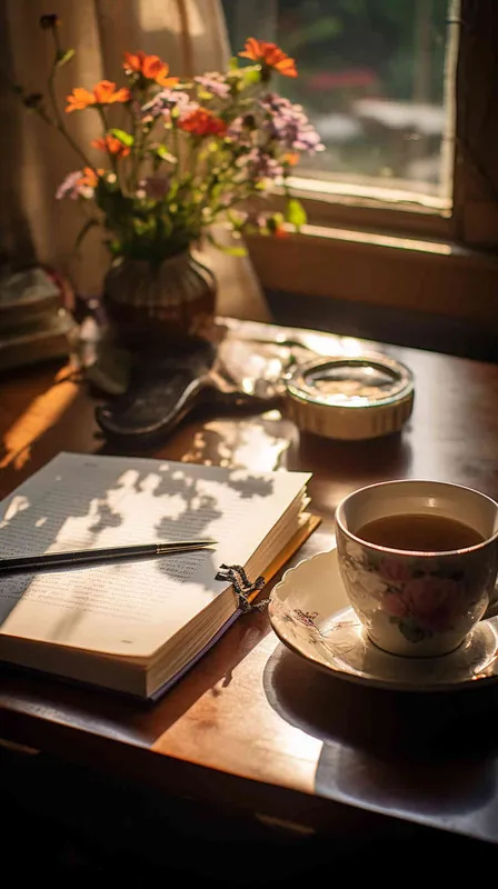 A book is placed on the desk, with a teacup, tablet, notebook, pen, photo style, and natural light next to it, - style4部分