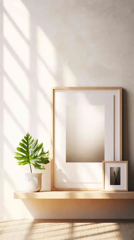 A delicate vertical rectangular photo frame rests on a wooden shelf, contrasting with a backdrop of a flawless white wall illuminated by a stream of sunlight. The image presents a balanced and elegant arrangement, with the plant flawlessly positioned at the center of the frame. --ar 1:1 --v 5.2 (fast)
 - style1部分
