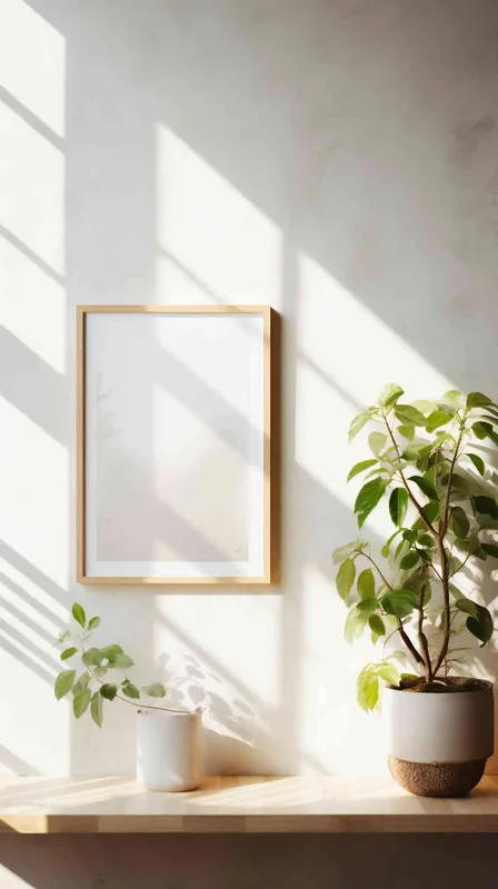 A delicate vertical rectangular photo frame rests on a wooden shelf, contrasting with a backdrop of a flawless white wall illuminated by a stream of sunlight. The image presents a balanced and elegant arrangement, with the plant flawlessly positioned at the center of the frame. --ar 1:1 --v 5.2 (fast)
 - style2部分