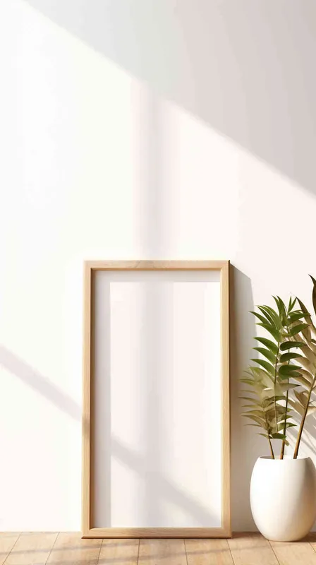 A delicate vertical rectangular photo frame rests on a wooden shelf, contrasting with a backdrop of a flawless white wall illuminated by a stream of sunlight. The image presents a balanced and elegant arrangement, with the plant flawlessly positioned at the center of the frame. --ar 1:1 --v 5.2 (fast)
 - style3部分