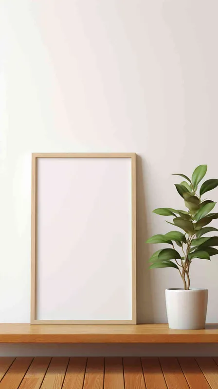 A delicate vertical rectangular photo frame rests on a wooden shelf, contrasting with a backdrop of a flawless white wall illuminated by a stream of sunlight. The image presents a balanced and elegant arrangement, with the plant flawlessly positioned at the center of the frame. --ar 1:1 --v 5.2 (fast)
 - style4部分