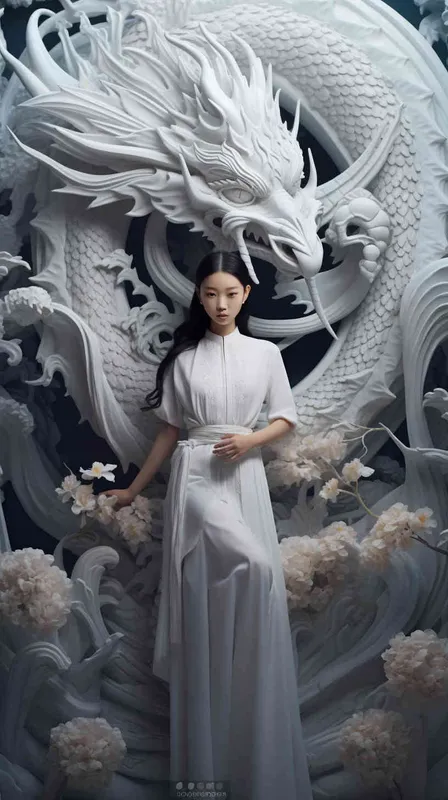n front of the relief dragon stands a beautiful 12-year-old Chinese girl, wearing a stunning white Hanfu. The scene is dreamlike and grand, embracing minimalism and featuring a Chinese dragon. The rendering is done in C4D, with elements of Surrealism, meticulous design, and asymmetrical balance. This masterpiece is illuminated with movie lighting in Ultra HD, showcasing fine details and color grading - style1部分