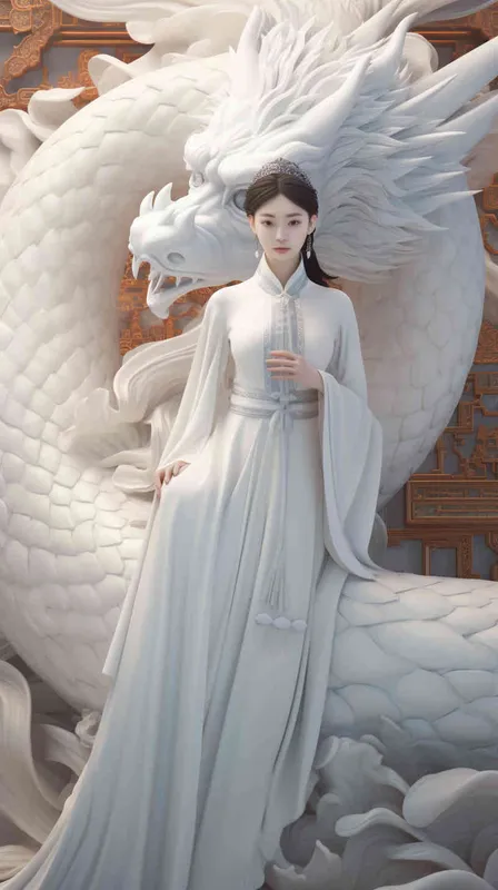 n front of the relief dragon stands a beautiful 12-year-old Chinese girl, wearing a stunning white Hanfu. The scene is dreamlike and grand, embracing minimalism and featuring a Chinese dragon. The rendering is done in C4D, with elements of Surrealism, meticulous design, and asymmetrical balance. This masterpiece is illuminated with movie lighting in Ultra HD, showcasing fine details and color grading - style2部分