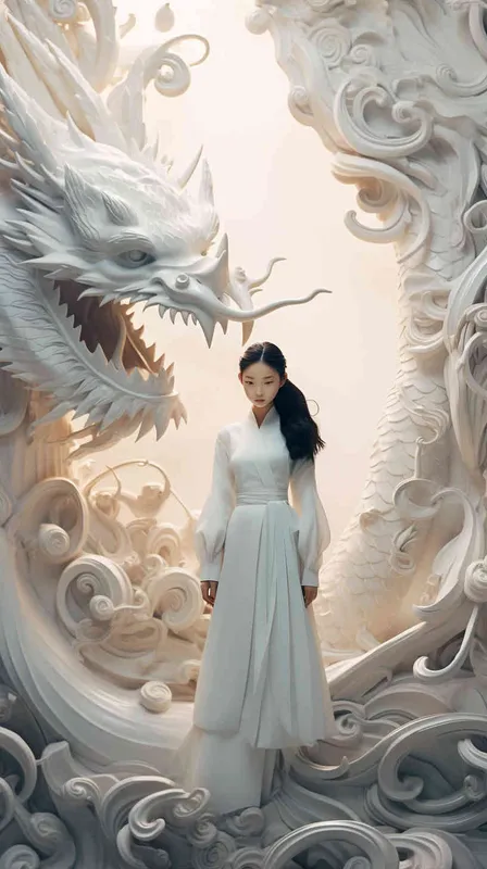 n front of the relief dragon stands a beautiful 12-year-old Chinese girl, wearing a stunning white Hanfu. The scene is dreamlike and grand, embracing minimalism and featuring a Chinese dragon. The rendering is done in C4D, with elements of Surrealism, meticulous design, and asymmetrical balance. This masterpiece is illuminated with movie lighting in Ultra HD, showcasing fine details and color grading - style3部分