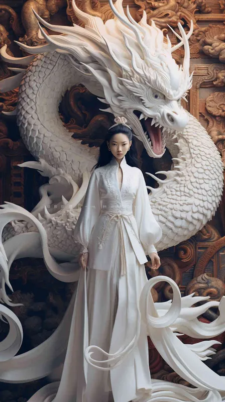 n front of the relief dragon stands a beautiful 12-year-old Chinese girl, wearing a stunning white Hanfu. The scene is dreamlike and grand, embracing minimalism and featuring a Chinese dragon. The rendering is done in C4D, with elements of Surrealism, meticulous design, and asymmetrical balance. This masterpiece is illuminated with movie lighting in Ultra HD, showcasing fine details and color grading - style4部分