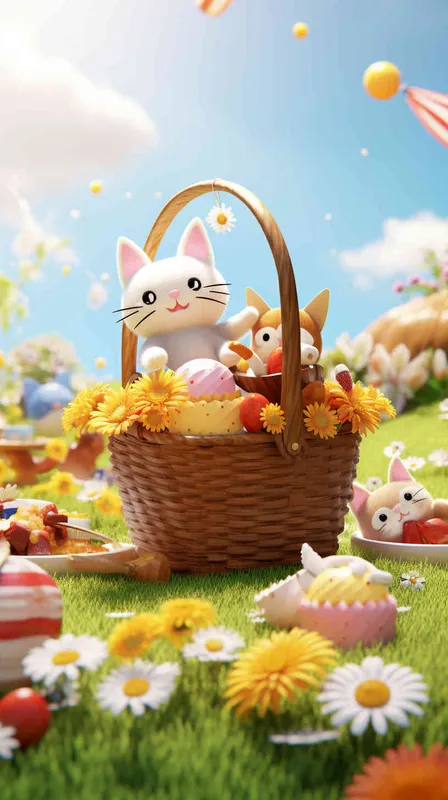 3D clay world,many cute animalscats,dogs,rabbits,picnic on the grass,colorful picnic scene,basket,flowers,sunlight，cartoon
style,distant view,minimalism,clay material,blender,c4d,oc rendererperfect，details,8k,best quality --niji 5 --s 750  - style4部分