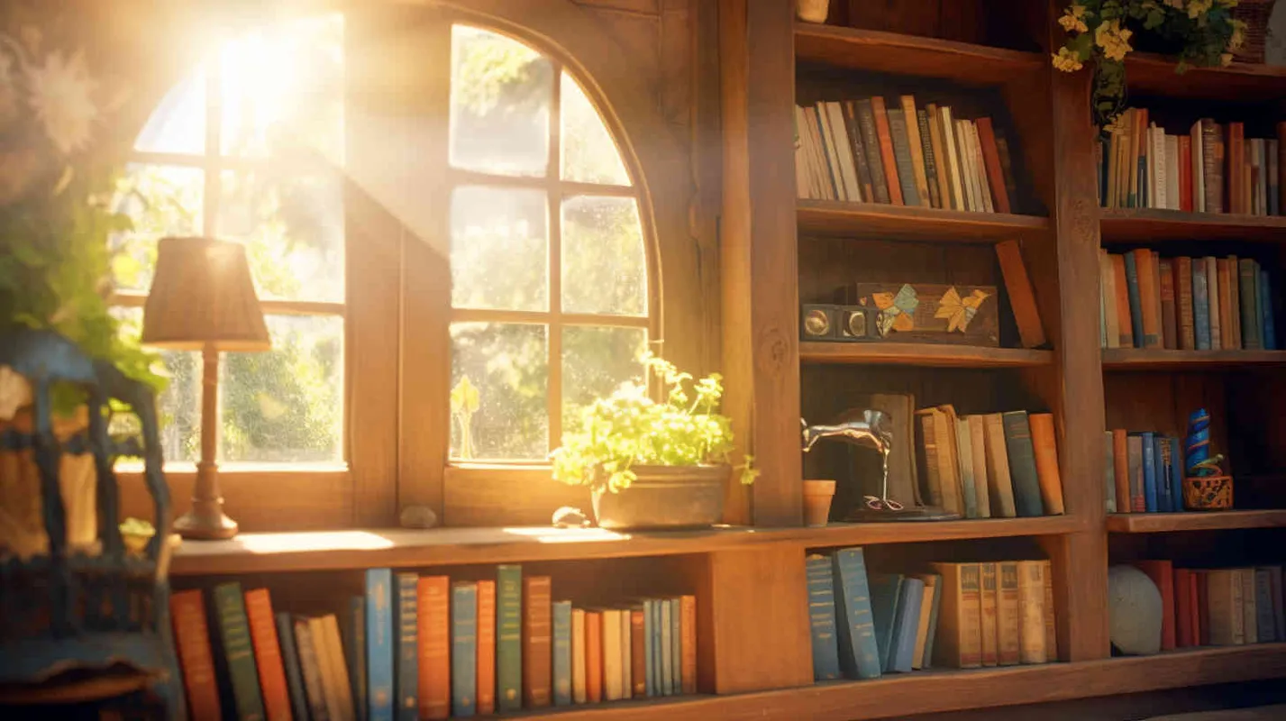 A wooden bookcase brimming with whimsical children's literature, nestled in a sunlit cabin surrounded by azure skies and radiant beams. The scene is captured in a picturesque, panoramic view, bathed in natural light of the highest quality, showcasing intricate details in stunning 8k resolution and a widescreen aspect ratio of 16:9. Sun light,Medium Shot(MS) --niji 6 --style raw 
 - style1部分