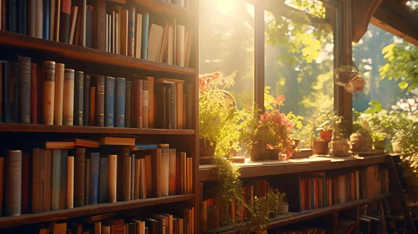A wooden bookcase brimming with whimsical children's literature, nestled in a sunlit cabin surrounded by azure skies and radiant beams. The scene is captured in a picturesque, panoramic view, bathed in natural light of the highest quality, showcasing intricate details in stunning 8k resolution and a widescreen aspect ratio of 16:9. Sun light,Medium Shot(MS) --niji 6 --style raw 
 - style2部分