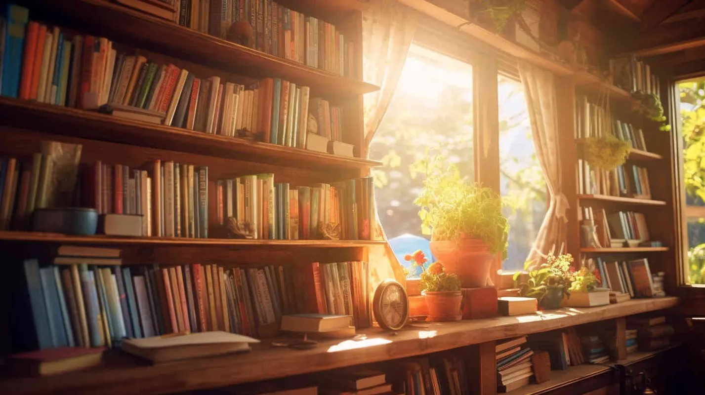 A wooden bookcase brimming with whimsical children's literature, nestled in a sunlit cabin surrounded by azure skies and radiant beams. The scene is captured in a picturesque, panoramic view, bathed in natural light of the highest quality, showcasing intricate details in stunning 8k resolution and a widescreen aspect ratio of 16:9. Sun light,Medium Shot(MS) --niji 6 --style raw 
 - style3部分