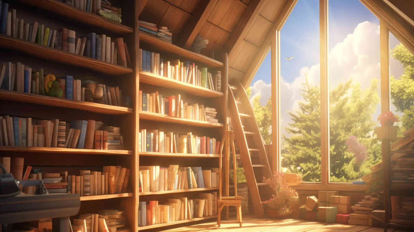 A wooden bookcase brimming with whimsical children's literature, nestled in a sunlit cabin surrounded by azure skies and radiant beams. The scene is captured in a picturesque, panoramic view, bathed in natural light of the highest quality, showcasing intricate details in stunning 8k resolution and a widescreen aspect ratio of 16:9. Sun light,Medium Shot(MS) --niji 6 --style raw 
 - style4部分