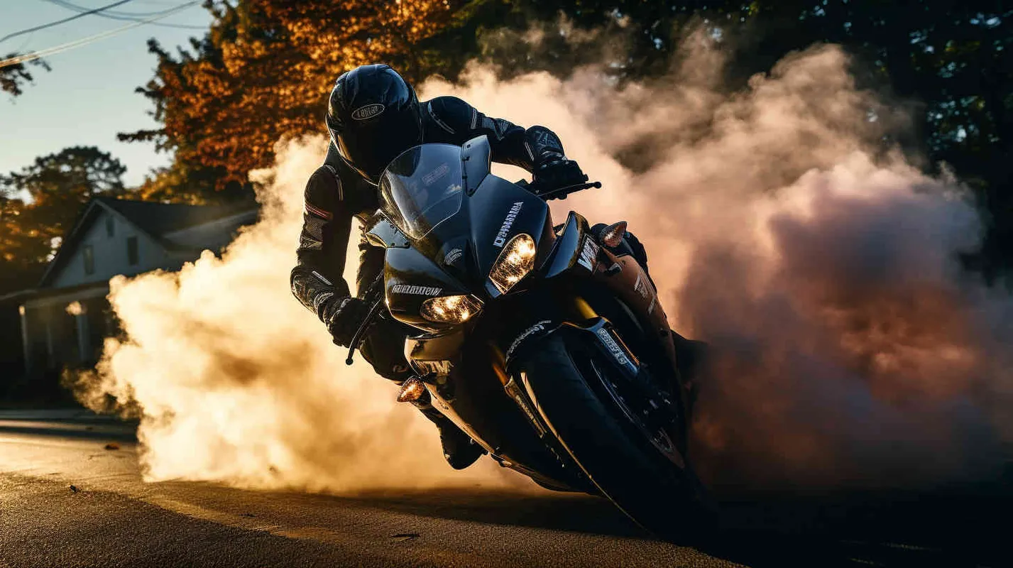 A man riding a Yamaha motorcycle burns a tire in place - style3部分