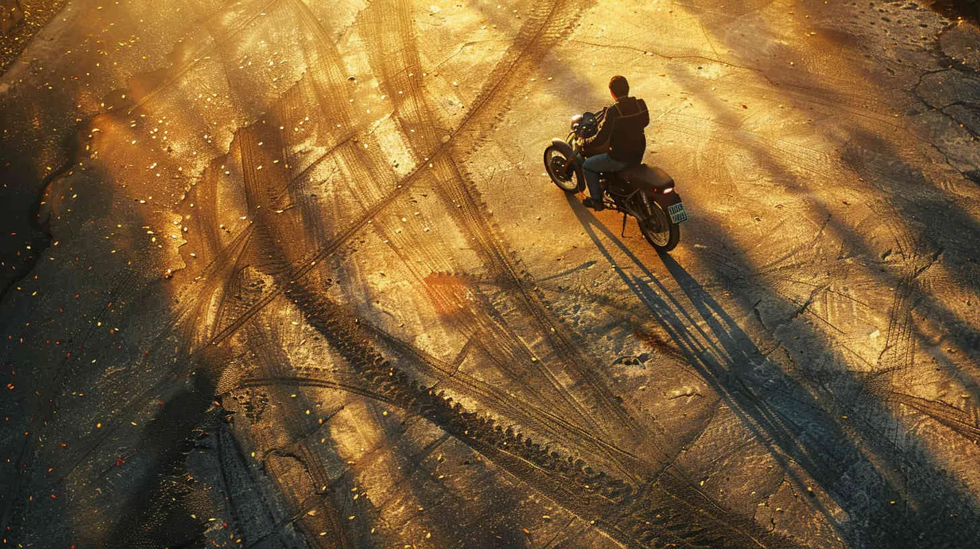 A man riding a BMW motorcycle burns tires in place, with many tire marks on the ground - AI绘画作品展示 | Midjourney中文版生成