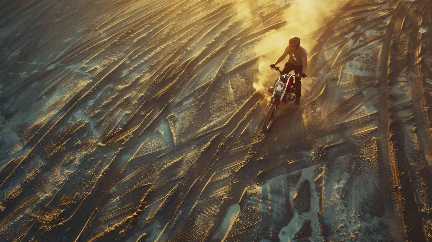 A man riding a BMW motorcycle burns tires in place, with many tire marks on the ground - AI绘画作品展示 | Midjourney中文版生成