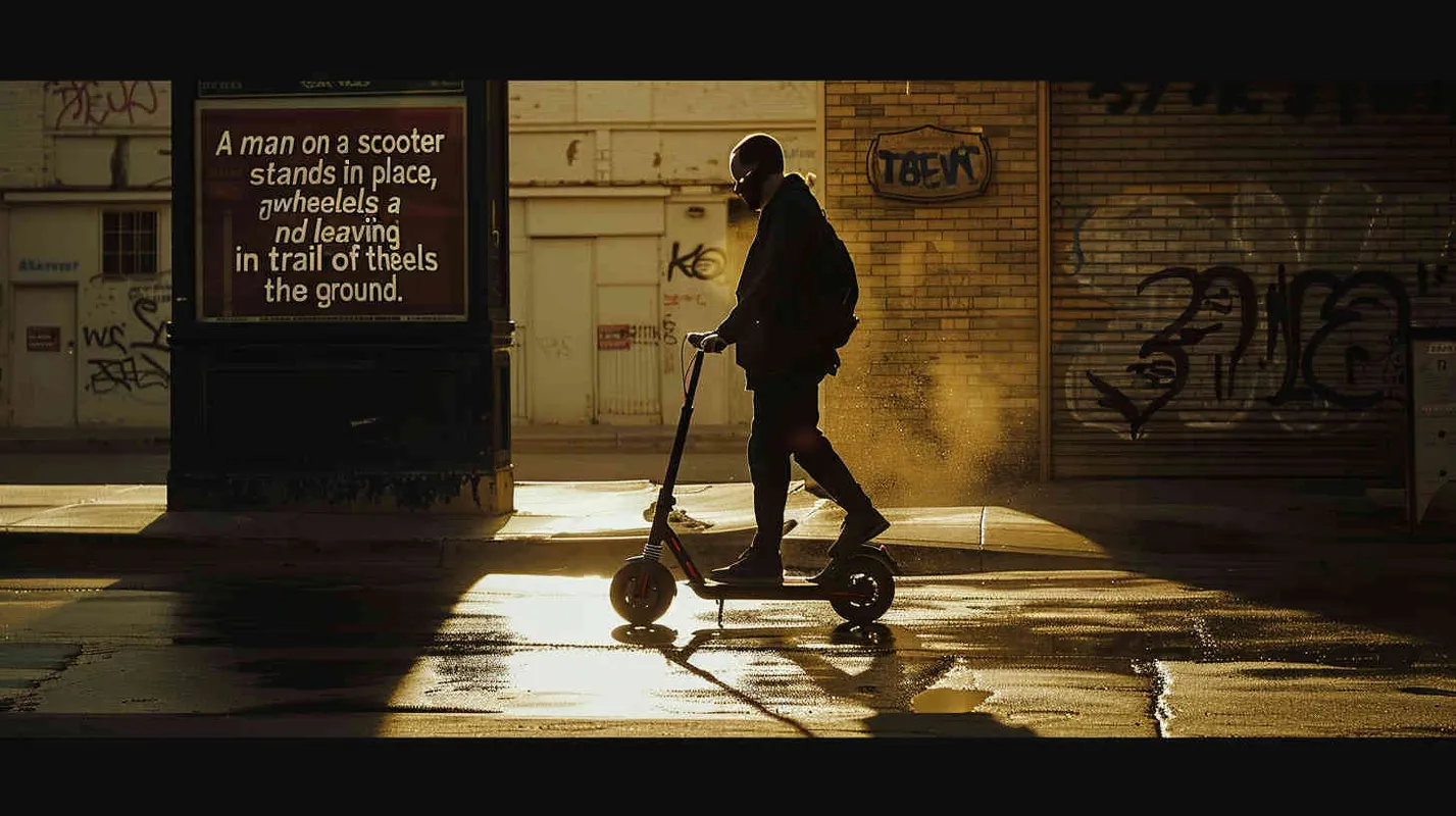 A man riding a scooter burns tires in place, with many tire marks on the ground - style2部分