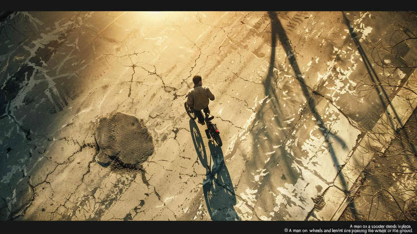 A man riding a scooter burns tires in place, with many tire marks on the ground - style3部分