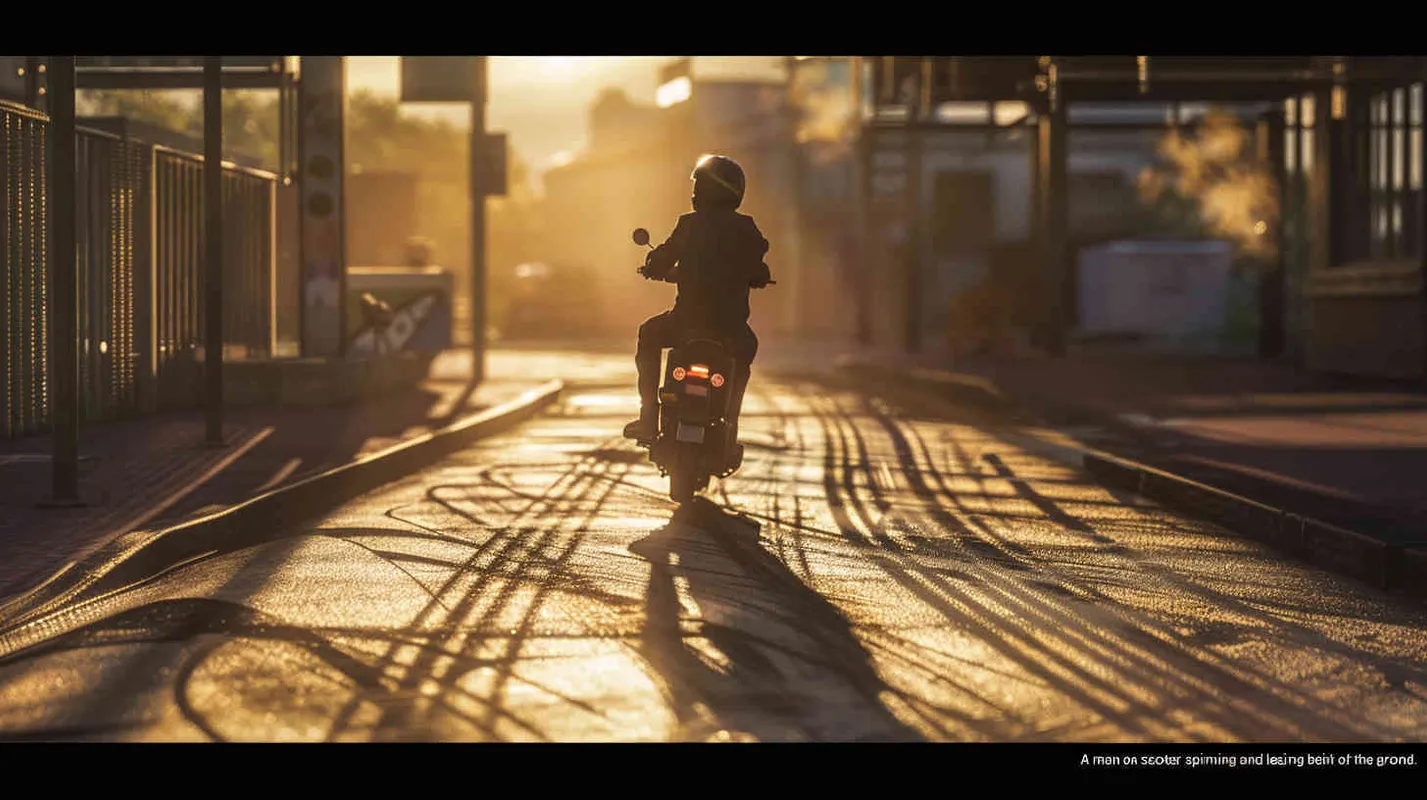 A man riding a scooter burns tires in place, with many tire marks on the ground - style4部分