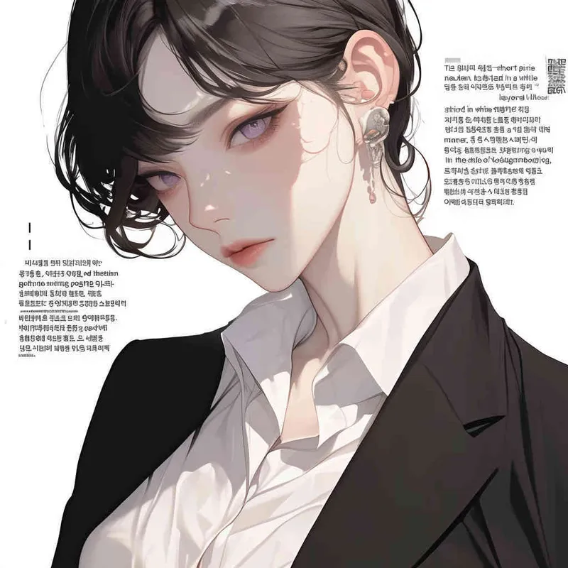 中性板寸超短头发禁欲系女孩，身穿白色棉麻禁欲系衬衫，外搭黑色西装，全身形象，纯白色背景，韩漫立绘风格  – AI绘画作品展示 | Midjourney中文版生成