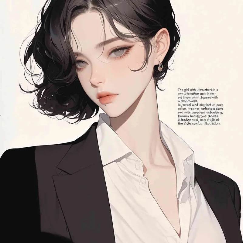 中性板寸超短头发禁欲系女孩，身穿白色棉麻禁欲系衬衫，外搭黑色西装，全身形象，纯白色背景，韩漫立绘风格  - style2部分