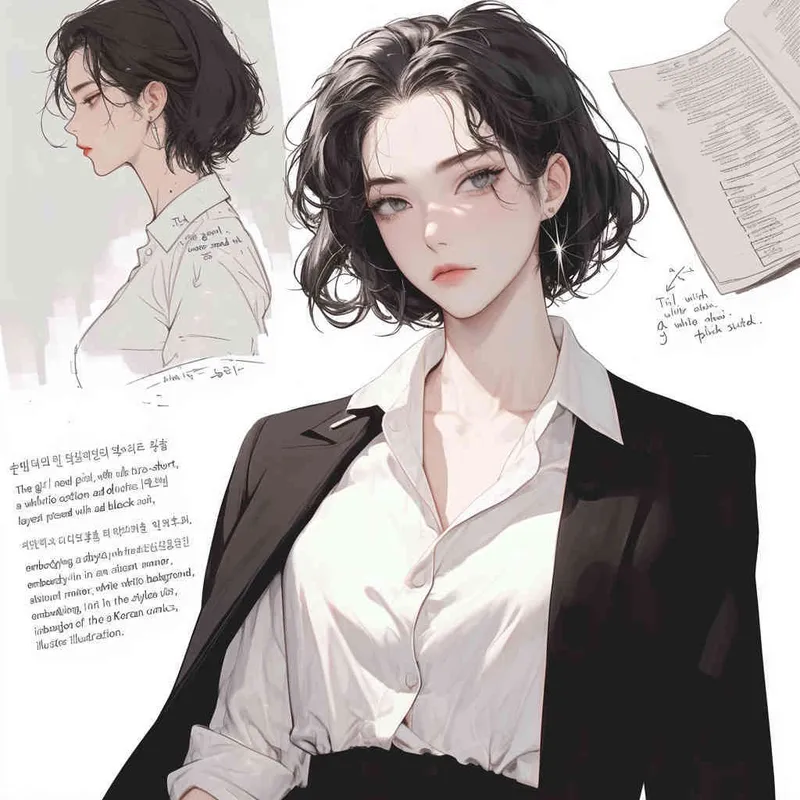中性板寸超短头发禁欲系女孩，身穿白色棉麻禁欲系衬衫，外搭黑色西装，全身形象，纯白色背景，韩漫立绘风格  - style4部分