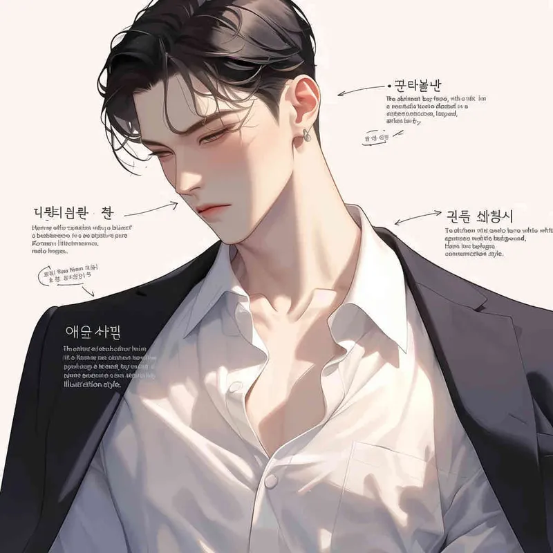 中性板寸超短头发禁欲系男孩，身穿白色棉麻禁欲系衬衫，外搭黑色西装，全身形象，纯白色背景，韩漫立绘风格  - style1部分