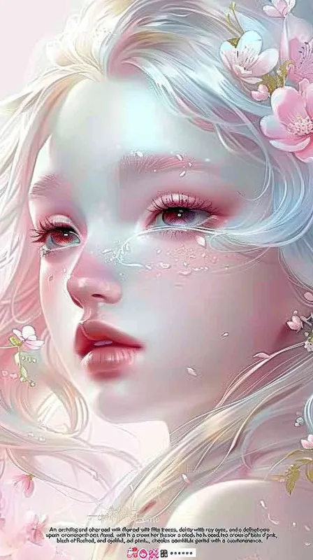 1️⃣ A cute and beautiful fairy with long white hair, pink eyes, a delicate face, wearing flowers on her head, pink lips, pink blush, pink eyeshadow, a pink background, a pink color scheme, a pink tone, pink light and shadow, in the style of a Chinese illustration, a mobile wallpaper, a closeup portrait, exquisite details, soft lighting, in a fantasy style.  - style1部分