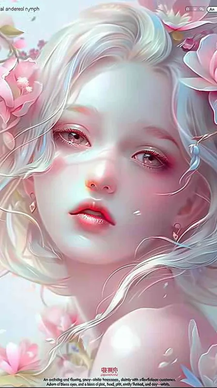 1️⃣ A cute and beautiful fairy with long white hair, pink eyes, a delicate face, wearing flowers on her head, pink lips, pink blush, pink eyeshadow, a pink background, a pink color scheme, a pink tone, pink light and shadow, in the style of a Chinese illustration, a mobile wallpaper, a closeup portrait, exquisite details, soft lighting, in a fantasy style.  - style2部分