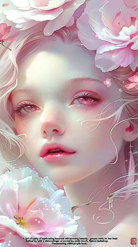 Pink hair, pink eyes, beautiful girl with flowers on her head, pink purple color tone, light purple background, exquisite three-dimensional facial features, exquisite makeup, super realistic, high-definition wallpaper, anime style, 8K - style1部分