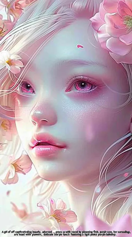 Pink hair, pink eyes, beautiful girl with flowers on her head, pink purple color tone, light purple background, exquisite three-dimensional facial features, exquisite makeup, super realistic, high-definition wallpaper, anime style, 8K - style2部分