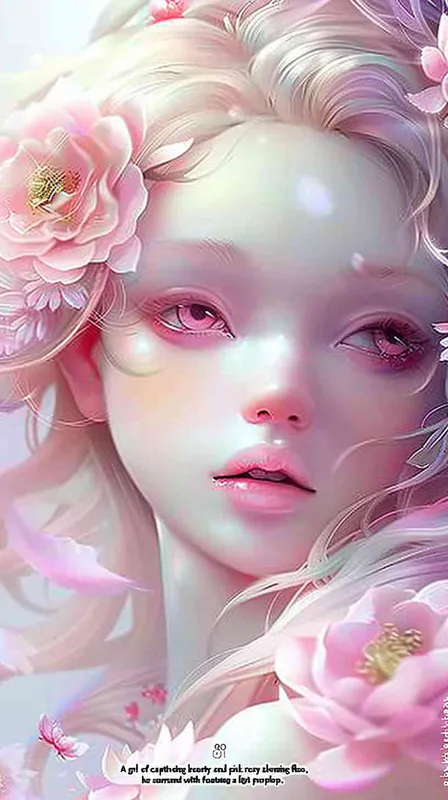 Pink hair, pink eyes, beautiful girl with flowers on her head, pink purple color tone, light purple background, exquisite three-dimensional facial features, exquisite makeup, super realistic, high-definition wallpaper, anime style, 8K - style3部分