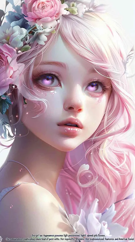 Light pink hair, light purple eyes, beautiful Asian looking girl with flowers on her head, light purple color scheme, pure white background, exquisite three-dimensional European and American facial features, exquisite makeup, super realistic, high-definition wallpaper, anime style, 8K - style1部分