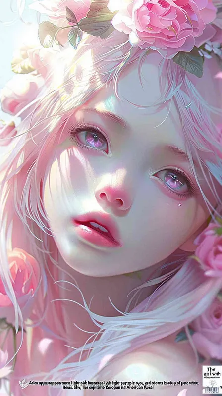 Light pink hair, light purple eyes, beautiful Asian looking girl with flowers on her head, light purple color scheme, pure white background, exquisite three-dimensional European and American facial features, exquisite makeup, super realistic, high-definition wallpaper, anime style, 8K - style2部分