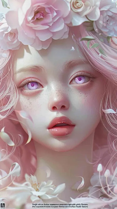 Light pink hair, light purple eyes, beautiful Asian looking girl with flowers on her head, light purple color scheme, pure white background, exquisite three-dimensional European and American facial features, exquisite makeup, super realistic, high-definition wallpaper, anime style, 8K - style3部分