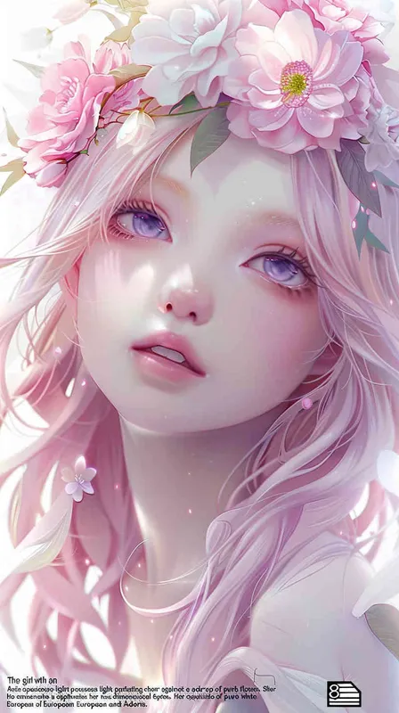 Light pink hair, light purple eyes, beautiful Asian looking girl with flowers on her head, light purple color scheme, pure white background, exquisite three-dimensional European and American facial features, exquisite makeup, super realistic, high-definition wallpaper, anime style, 8K - style4部分