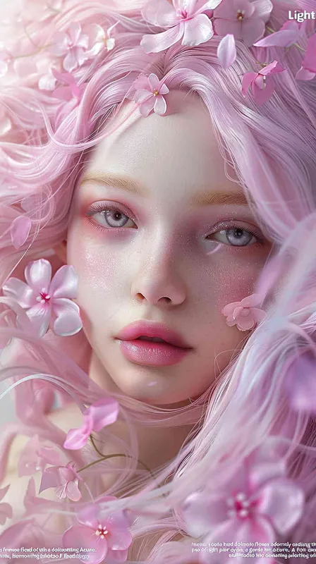 Light pink hair, light purple eyes, beautiful Asian looking girl with flowers on her head, full body, light purple color scheme, pure white background, exquisite three-dimensional European and American facial features, exquisite makeup, super realistic photography, master works, high-definition wallpaper, 8K - style1部分