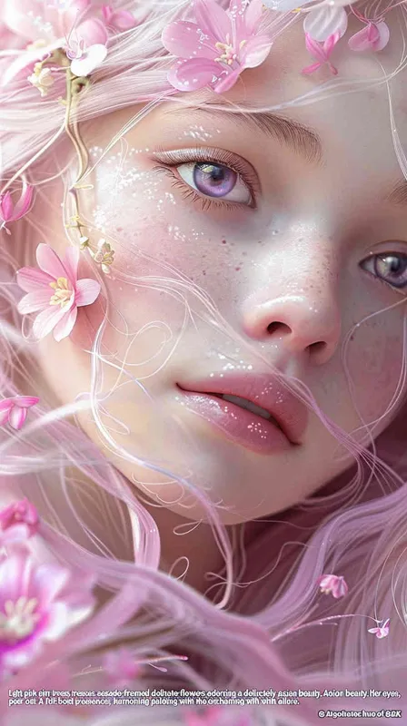 Light pink hair, light purple eyes, beautiful Asian looking girl with flowers on her head, full body, light purple color scheme, pure white background, exquisite three-dimensional European and American facial features, exquisite makeup, super realistic photography, master works, high-definition wallpaper, 8K - style2部分