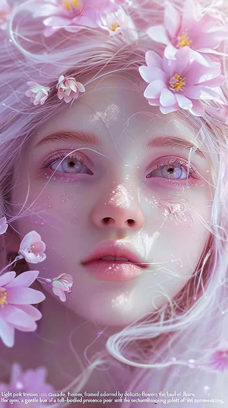 Light pink hair, light purple eyes, beautiful Asian looking girl with flowers on her head, full body, light purple color scheme, pure white background, exquisite three-dimensional European and American facial features, exquisite makeup, super realistic photography, master works, high-definition wallpaper, 8K - style3部分
