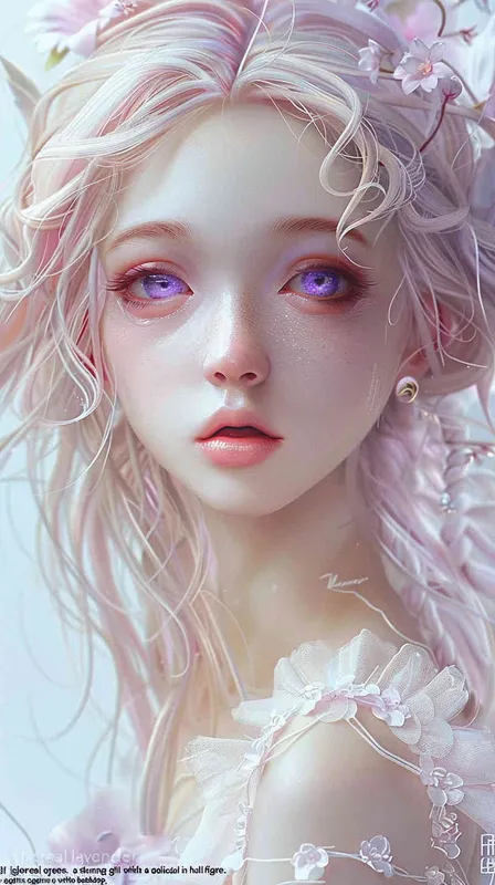 Light pink hair, light purple eyes, beautiful Asian looking girl, full body, light purple color tone, pure white background, exquisite three-dimensional European and American facial features, exquisite makeup, super realistic photography, master works, high-definition wallpaper, 8K - style1部分
