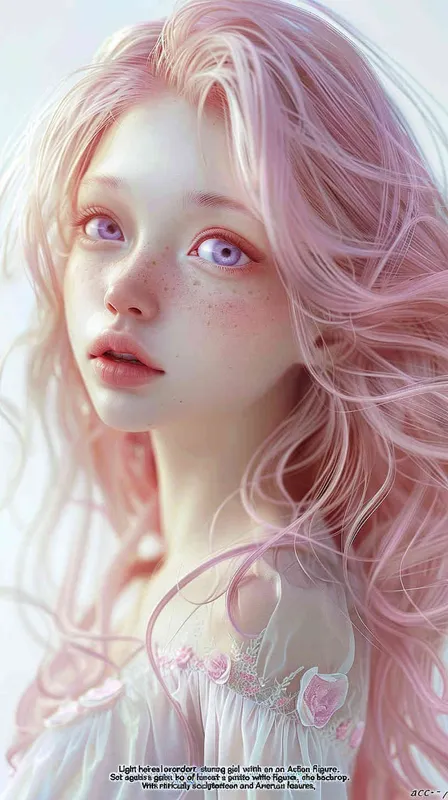 Light pink hair, light purple eyes, beautiful Asian looking girl, full body, light purple color tone, pure white background, exquisite three-dimensional European and American facial features, exquisite makeup, super realistic photography, master works, high-definition wallpaper, 8K - style3部分
