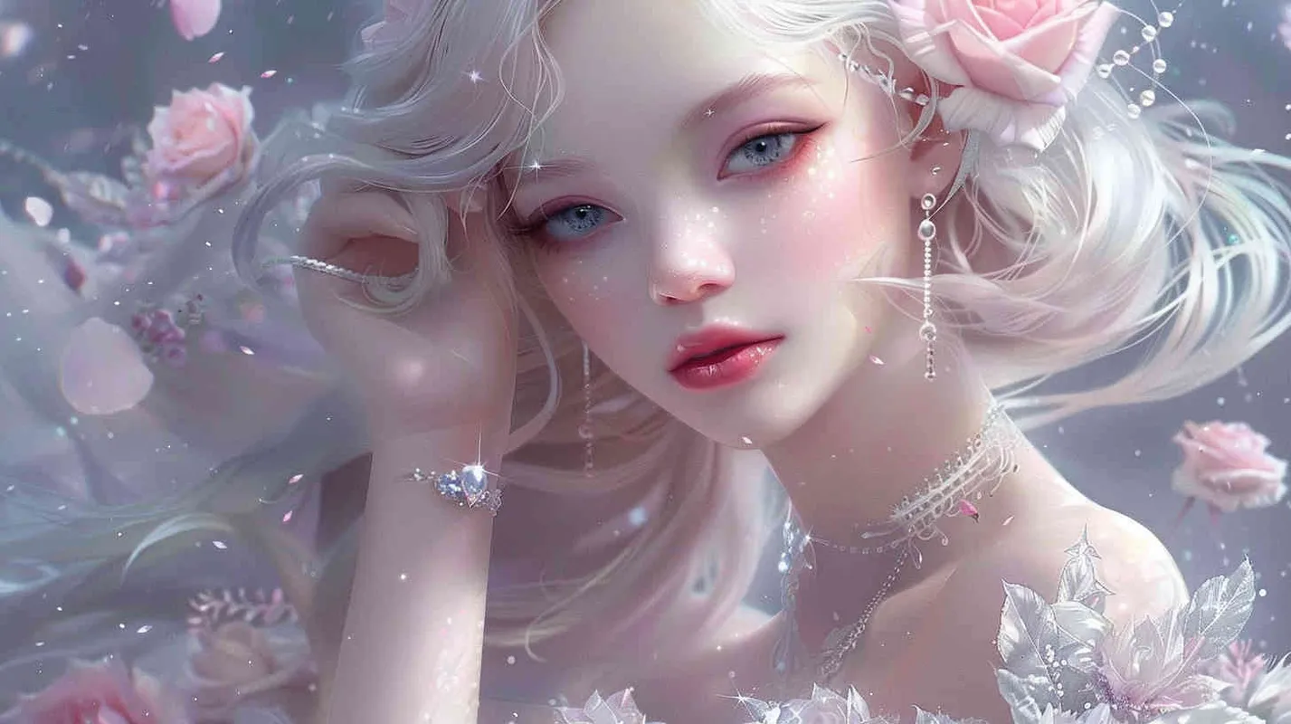 1️⃣ beautiful fairy, with white hair and pale skin, wearing pink roses in her blonde hair, wearing an intricate dress made of clear crystal, wearing diamond rings on her fingers, beautiful makeup with pale blush and bright blue eyes, a soft smile, in the style of digital art. --ar 20:29 - style1部分