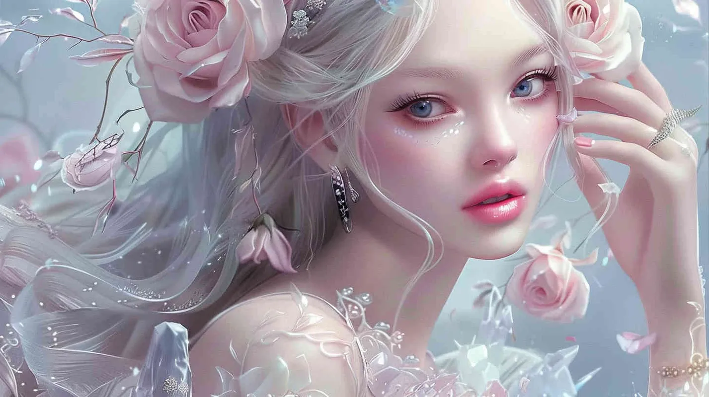 1️⃣ beautiful fairy, with white hair and pale skin, wearing pink roses in her blonde hair, wearing an intricate dress made of clear crystal, wearing diamond rings on her fingers, beautiful makeup with pale blush and bright blue eyes, a soft smile, in the style of digital art. --ar 20:29 - style2部分