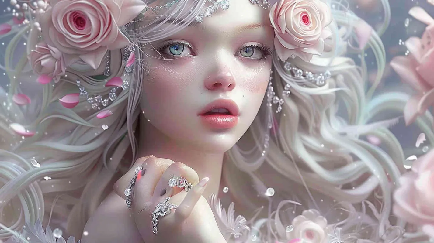 1️⃣ beautiful fairy, with white hair and pale skin, wearing pink roses in her blonde hair, wearing an intricate dress made of clear crystal, wearing diamond rings on her fingers, beautiful makeup with pale blush and bright blue eyes, a soft smile, in the style of digital art. --ar 20:29 - style3部分