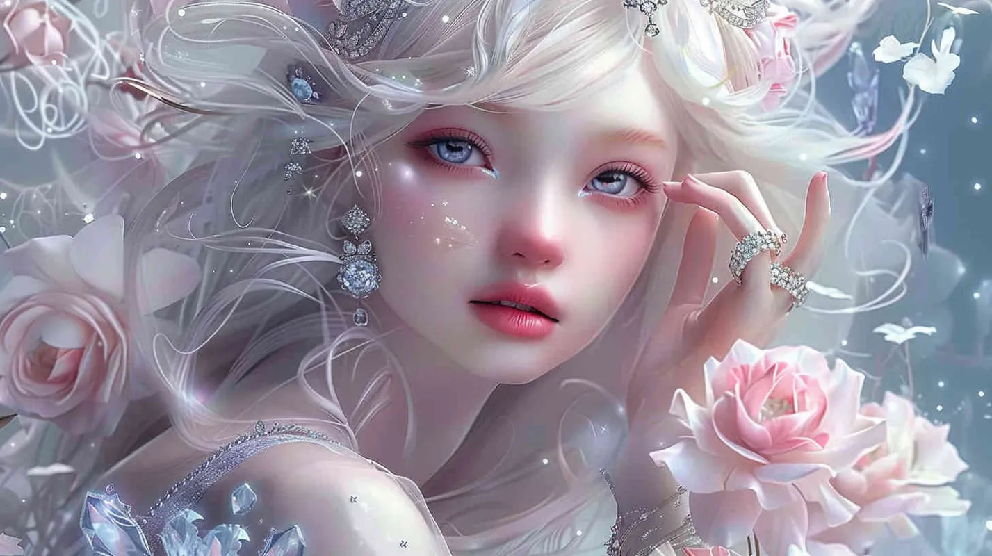1️⃣ beautiful fairy, with white hair and pale skin, wearing pink roses in her blonde hair, wearing an intricate dress made of clear crystal, wearing diamond rings on her fingers, beautiful makeup with pale blush and bright blue eyes, a soft smile, in the style of digital art. --ar 20:29 - style4部分